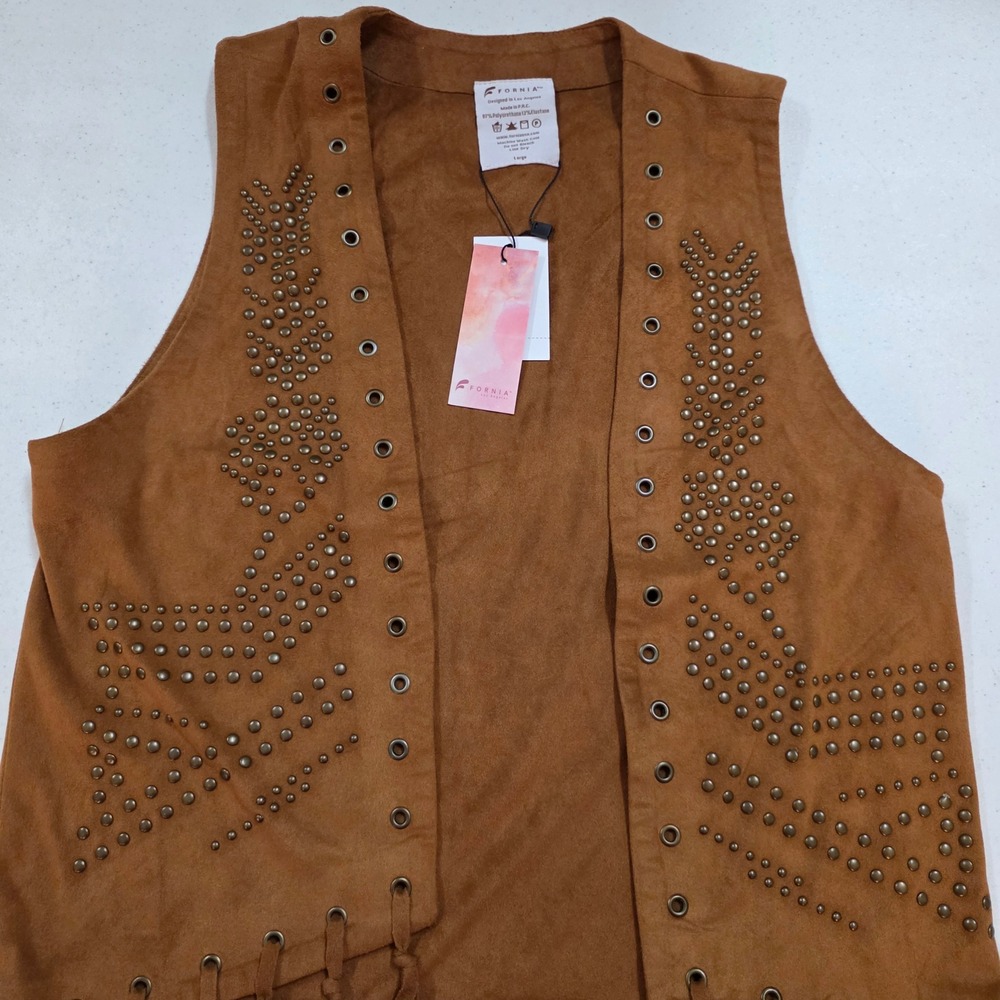 Fornia Womens Studded Fringe Faux Suede Vest Cognac Brown Western Boho Large NWT - Picture 6 of 8